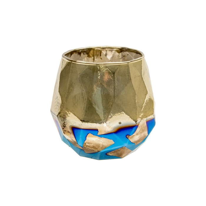 Декоративный стеклянный подсвечник, 10,5×10,5×10,2 см, цвет синий с золотым напылением цена и фото