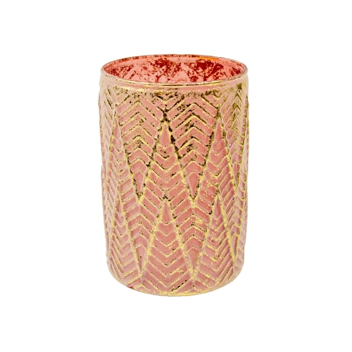 Декоративная стеклянная ваза-подсвечник, 11×11×16,5 см, цвет розовый с золотым напылением цена и фото