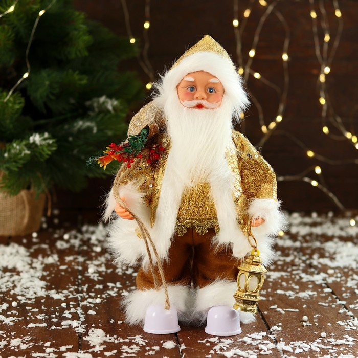 Дед Мороз В костюме с пайетками, с фонариком двигается, с подсветкой, 28 см, золото дед мороз в красном костюме с узором двигается музыка саксофон 160 см