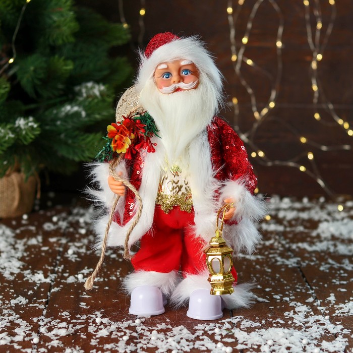 Дед Мороз В костюме с пайетками, с фонариком двигается, с подсветкой, 28 см, красный дед мороз в красном костюме с узором двигается музыка саксофон 160 см