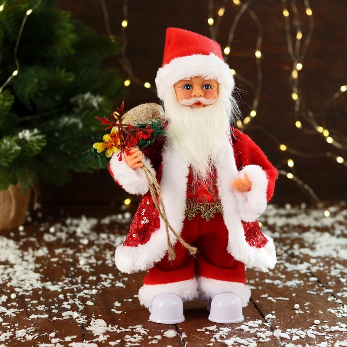 дед мороз в синей шубке с подарками двигается с подсветкой 38 см Дед Мороз В узорном жилете, с подарками двигается, с подсветкой, 28 см, красный