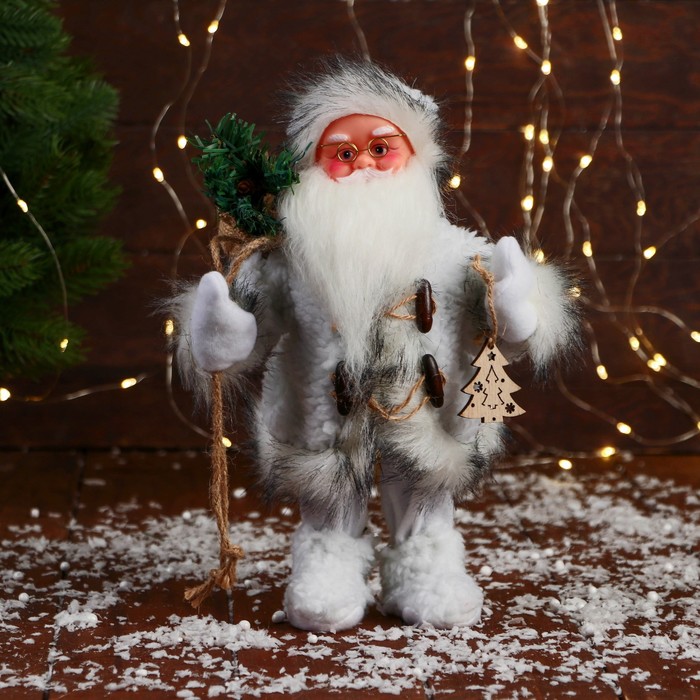 Дед Мороз С кудрявой бородой, в меховом костюме 28 см, белый декоративная кукла кнр дед мороз с кудрявой бородой в меховом костюме 28 см белый