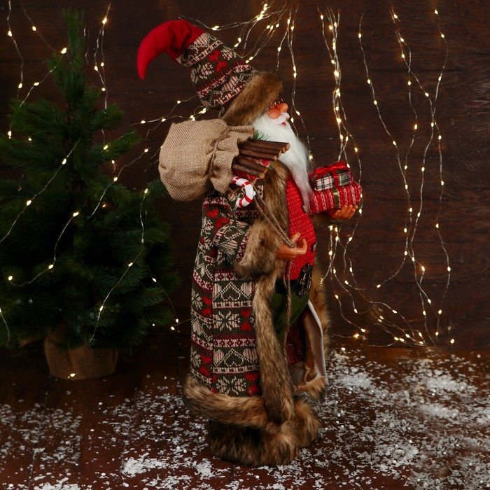 фото Дед мороз "в вязаном жилете, с подарками" 60 см, красный