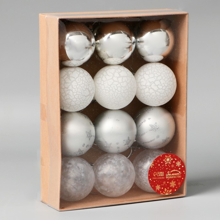 фото Набор шаров пластик d-5 см, 12 шт "морозная ночь" серебро белый зимнее волшебство