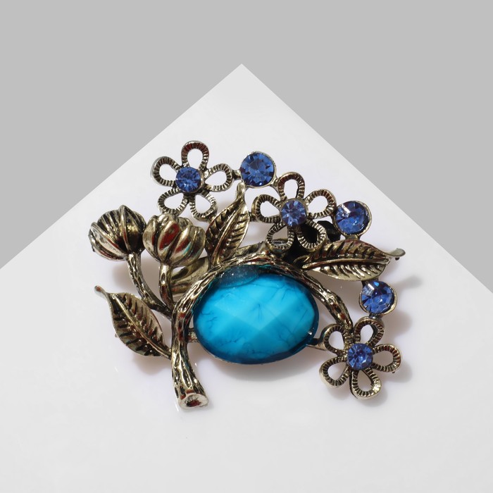Брошь «Оливка» с цветами, цвет сине-голубой в чернёной бронзе брошь янтарь жук в бронзе цвет микс