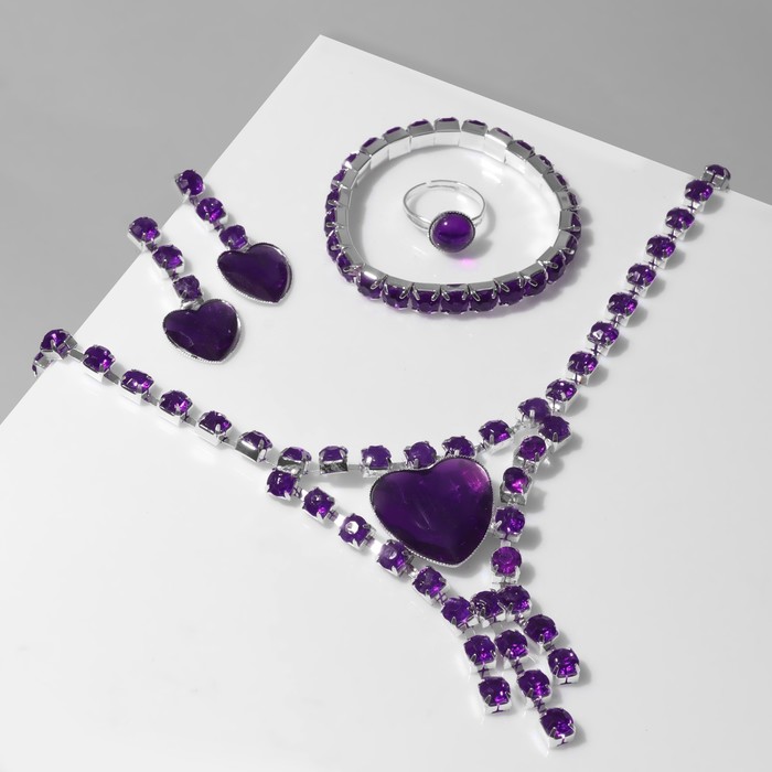 Набор 4 предмета: серьги, колье, браслет, кольцо «Сердце» круги, цвет фиолетовый в серебре сакура 4 предмета цвет фиолетовый