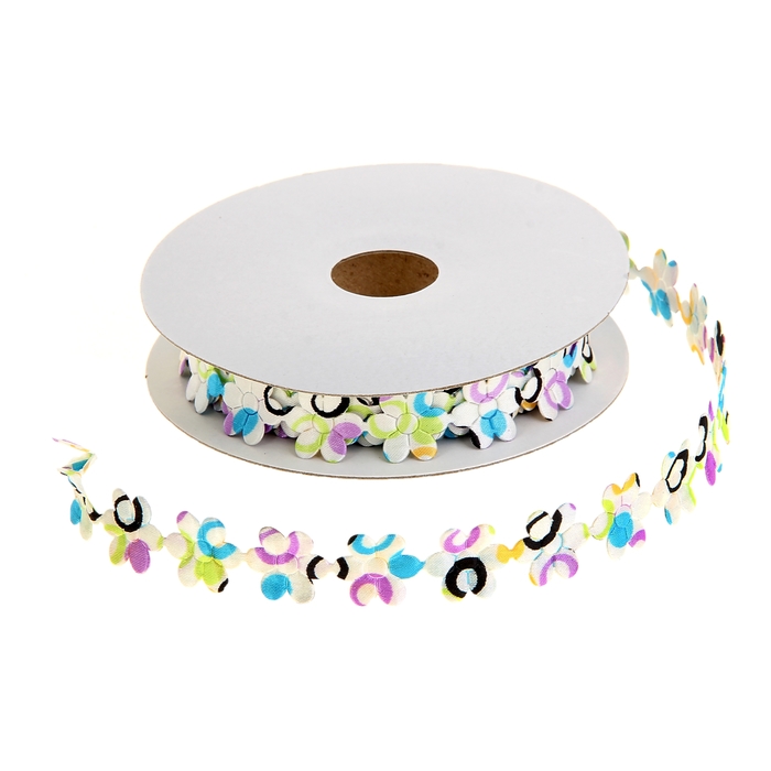 Лента декоративная "Разноцветные цветочки", цвет белый