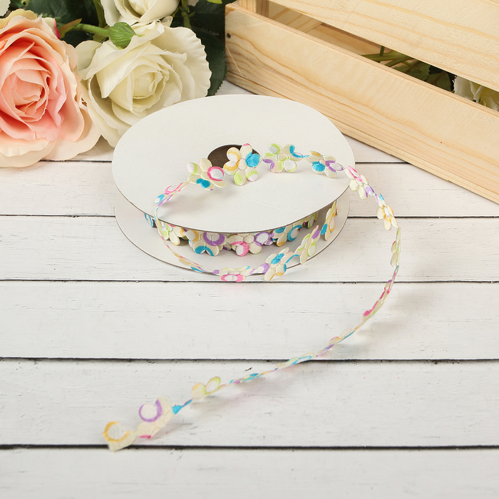 Лента декоративная "Разноцветные цветочки", цвет бежевый