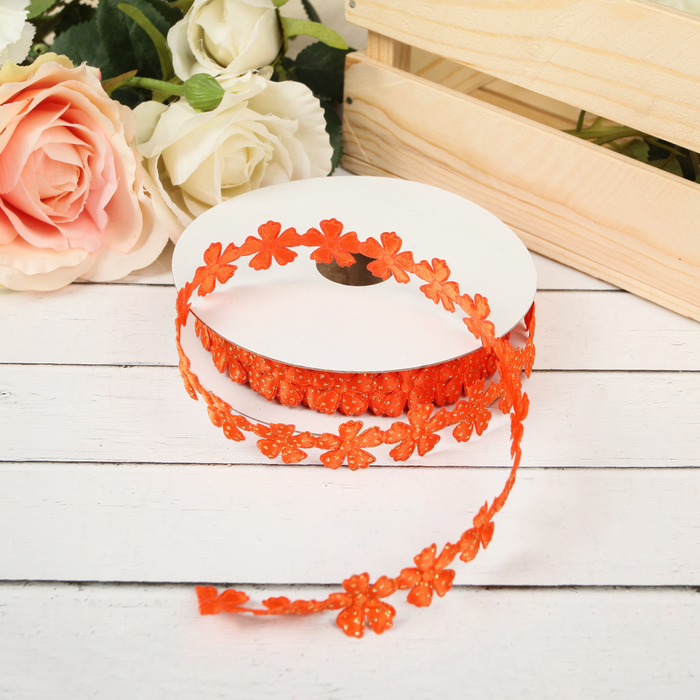 Лента декоративная с блёстками "Цветочки", цвет оранжевый