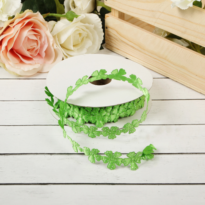 Лента декоративная с блёстками "Цветочки", цвет зелёный