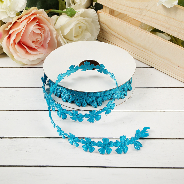 Лента декоративная с блёстками "Цветочки", цвет голубой