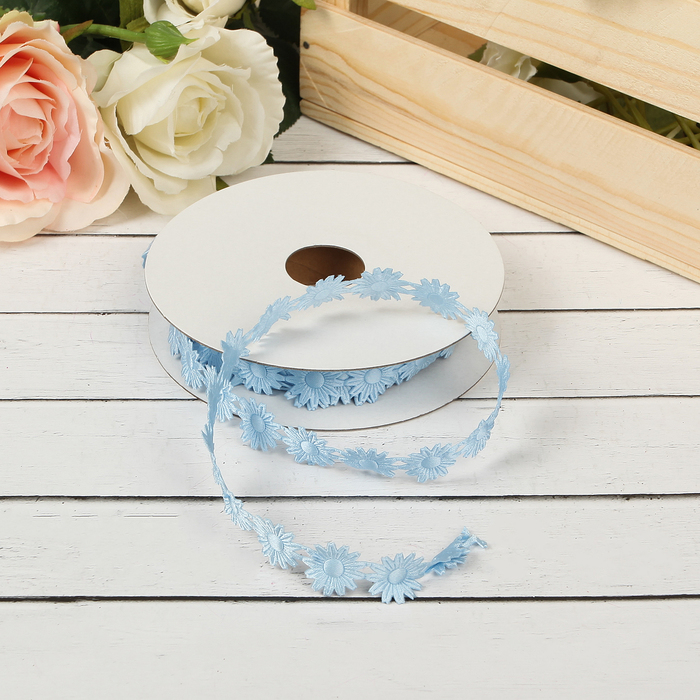 Лента декоративная "Ромашки", цвет голубой