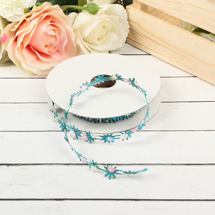 Лента декоративная "Пёстрые цветочки", цвет бирюзовый