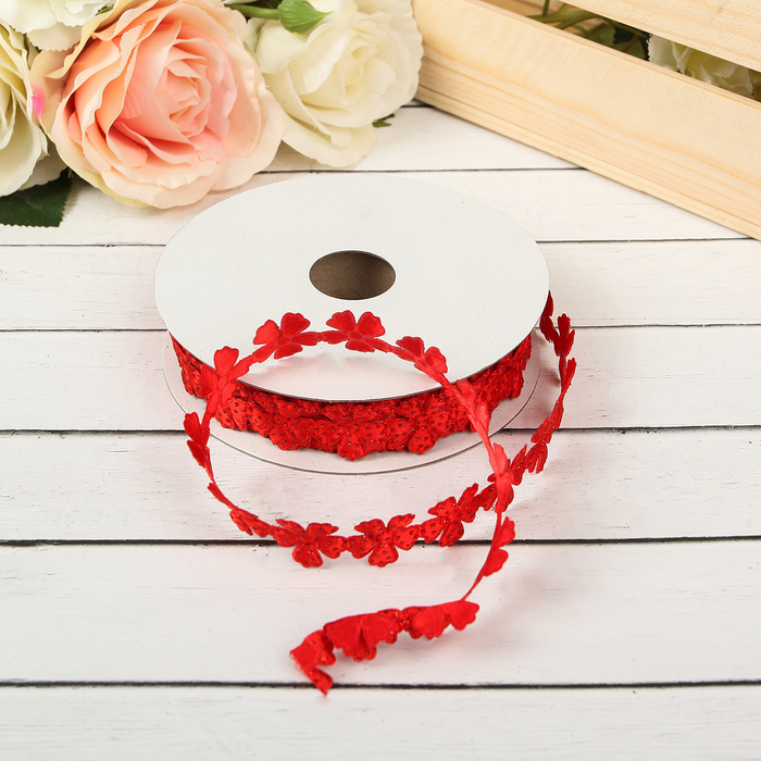 Лента декоративная с блёстками "Цветочки", цвет красный