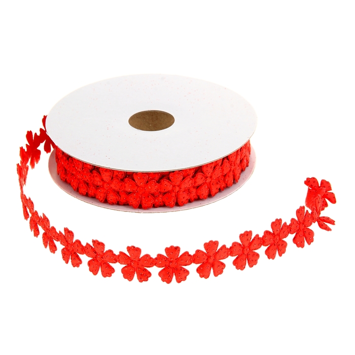 Лента декоративная с блёстками "Цветочки", цвет красный