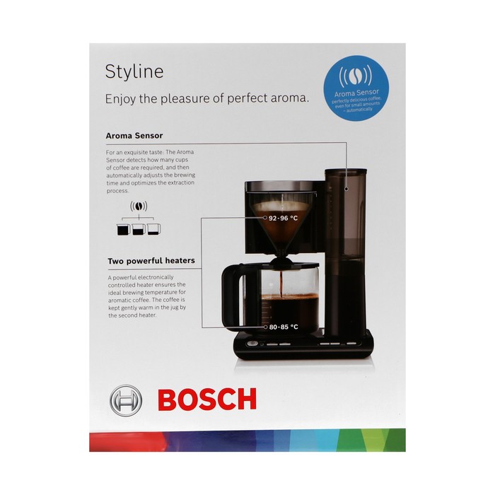 

Кофеварка Bosch TKA8633, капельная, 1100 Вт, 1.25 л, чёрно-серебристая