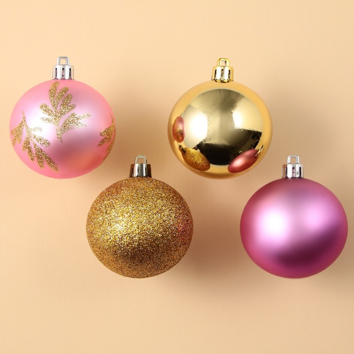 Набор ёлочных шаров, d-6, пластик, 4 шт, нежно-розовый и золотой набор ёлочных украшений подарки цвет золотой 6 см 4 шт