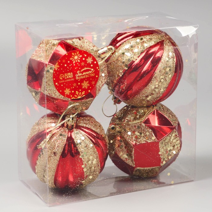 фото Набор шаров пластик d-8 см, 4 шт "праздничный блеск" красно-золотой зимнее волшебство
