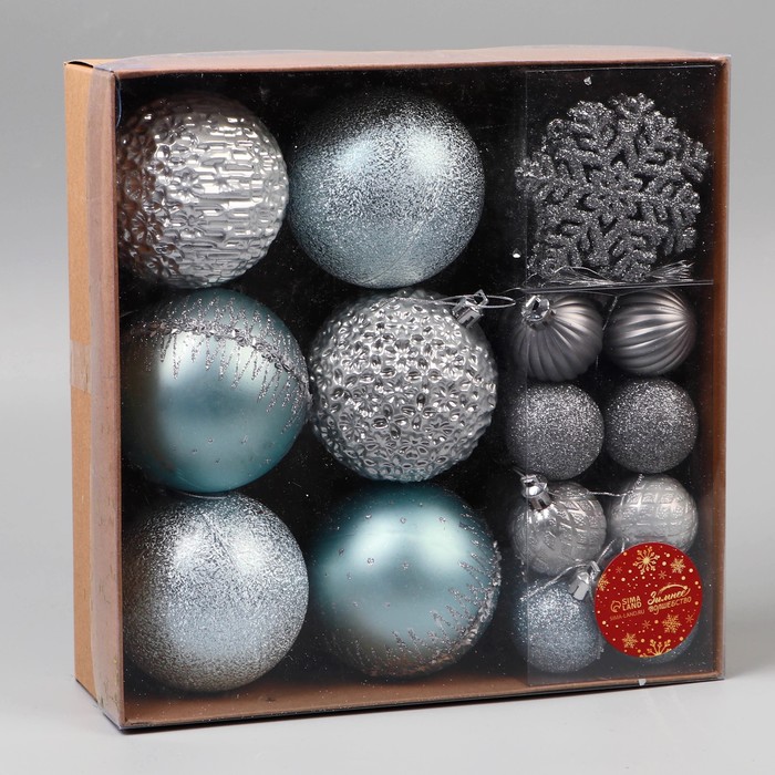 фото Набор украшений пластик 30 шт "торжество" d- 7 и 3,5 см, снежинка-6,5 см, серебро голубой зимнее волшебство