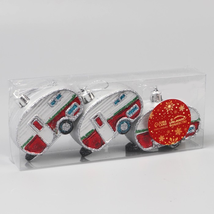 фото Набор украшений пластик 3 шт "фургончики" 4х7 см, красный зимнее волшебство