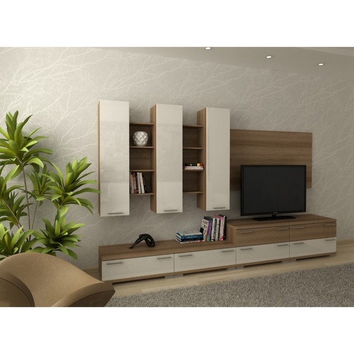 

Гостиная Доминика 1, 3000х450х1900, Ясень шимо темный/Белый глянец МДФ