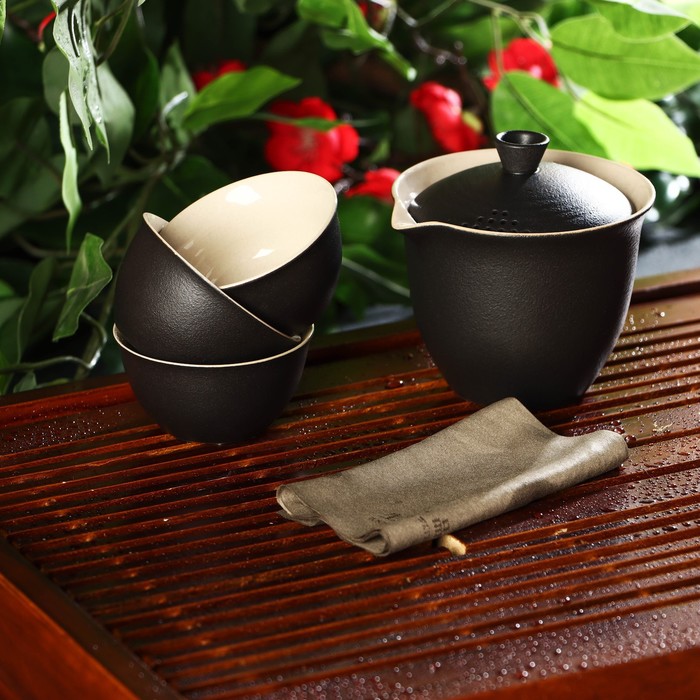 Набор для чайной церемонии керамический «Атмосфера», 6 предметов: чайник 250 мл, 3 пиалы 50 мл, тряпка, сумка, цвет коричневый набор для чайной церемониибутоны лотосагайвань 100 мл 2 пиалы по 25 мл
