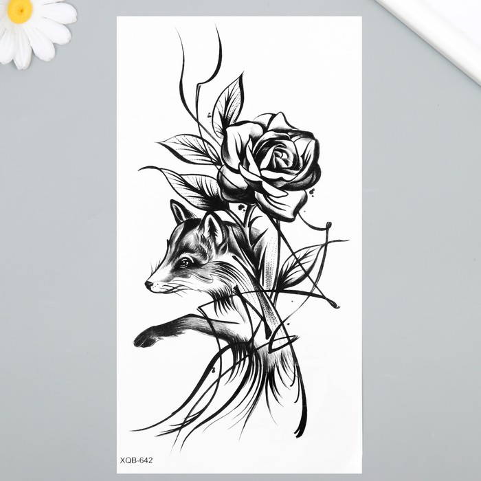 Татуировка на тело чёрная Лиса и роза 11,5х21 см