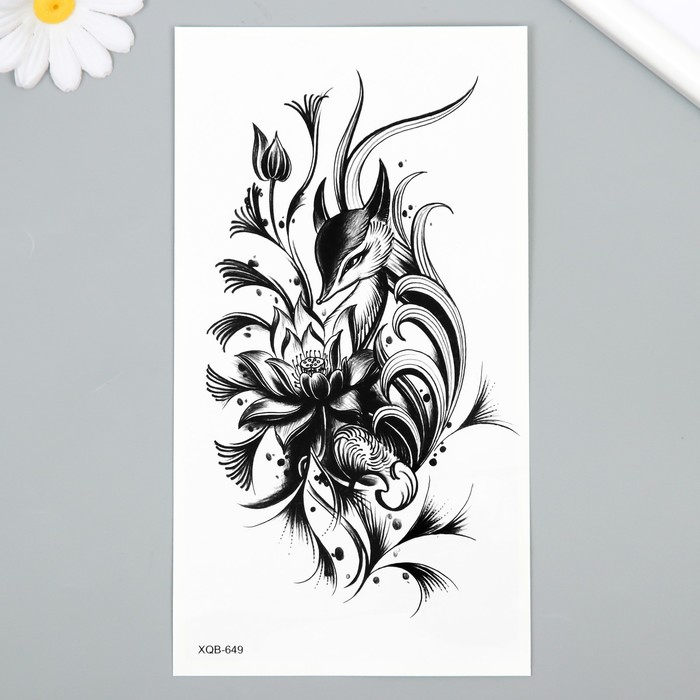 Татуировка на тело чёрная Девятихвостый лис в цветах 11,5х21 см