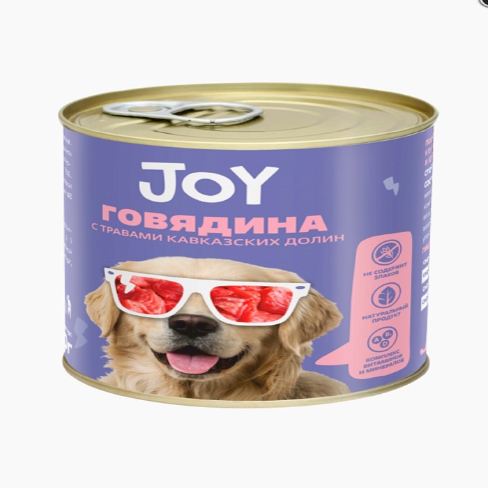цена Влажный корм JOY беззерновой для собак средних и крупных пород, говядина 340 гр.