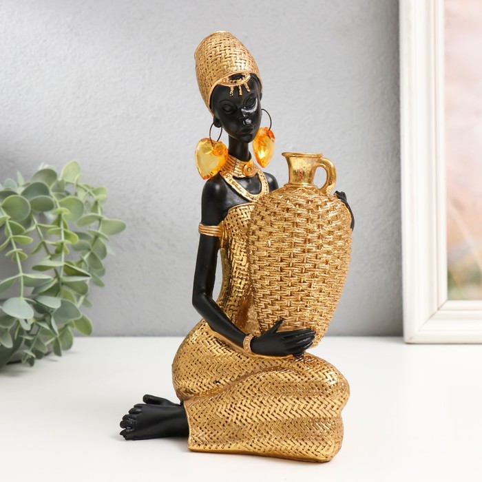 Сувенир полистоун Африканка сидит с плетёным кувшином золото 23х13,5х10,3 см
