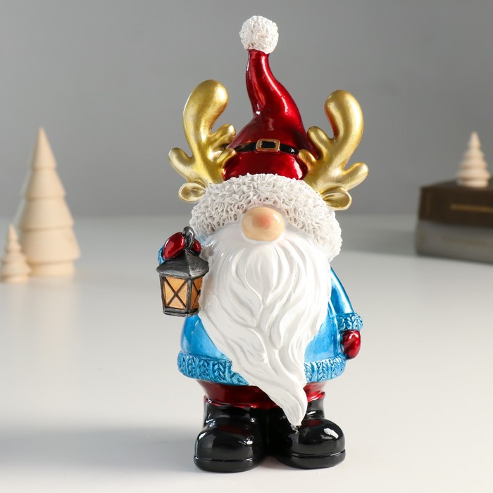 Сувенир полистоун Дед Мороз в колпаке с рожками, с фонариком 10х8х21,5 см