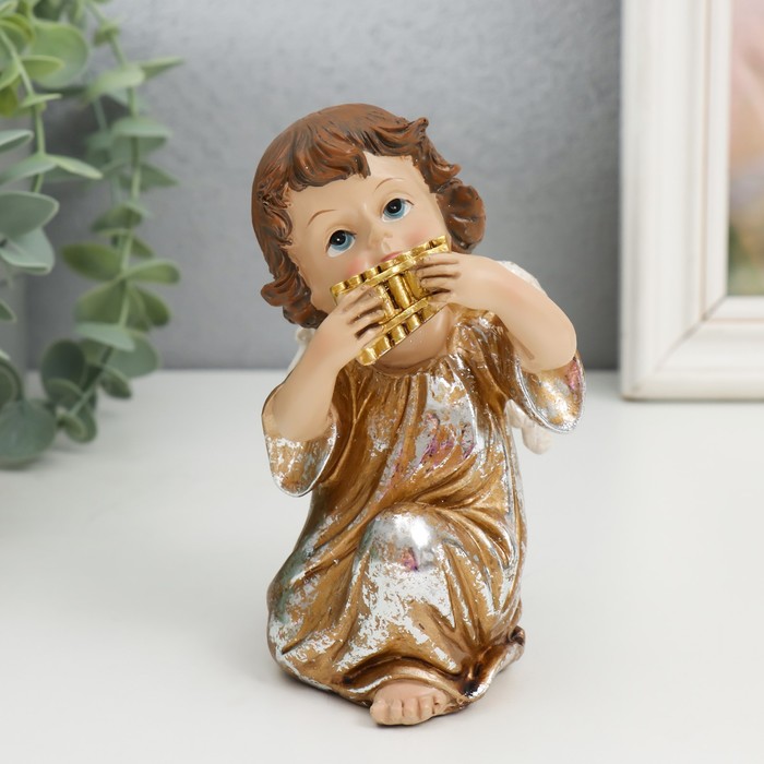 Сувенир полистоун Ангел играет на пан-флейте золотистый 7х8х12,5 см