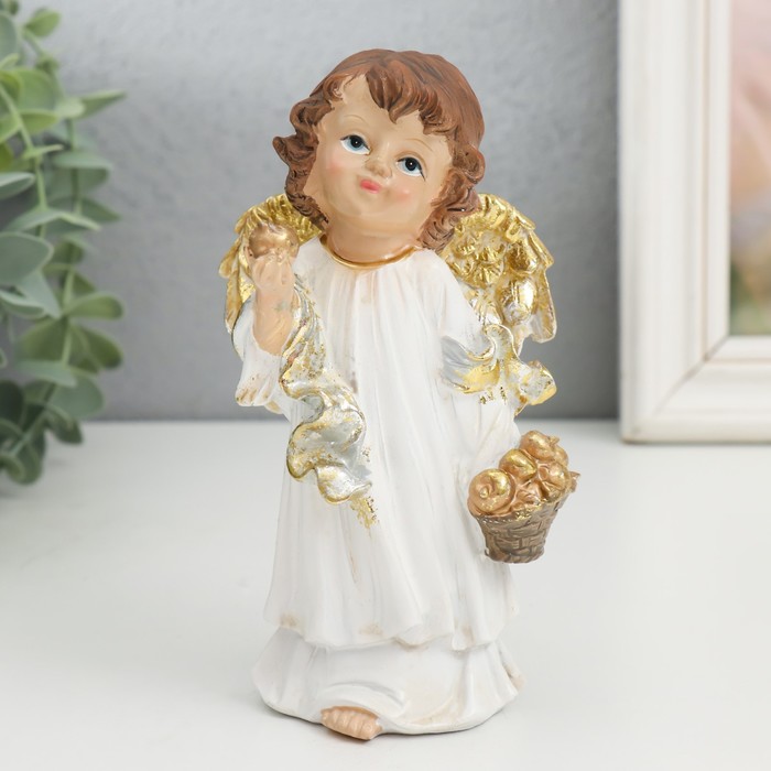 Сувенир полистоун Ангел в бежевом платье, с золотыми яблоками золотые крылья 7х7,5х14,5 см 94915