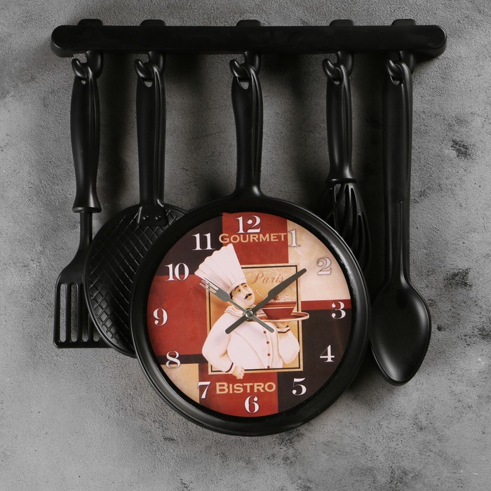 Часы настенные кухонные "Столовые приборы", на циферблате повар с блюдом, чёрные
