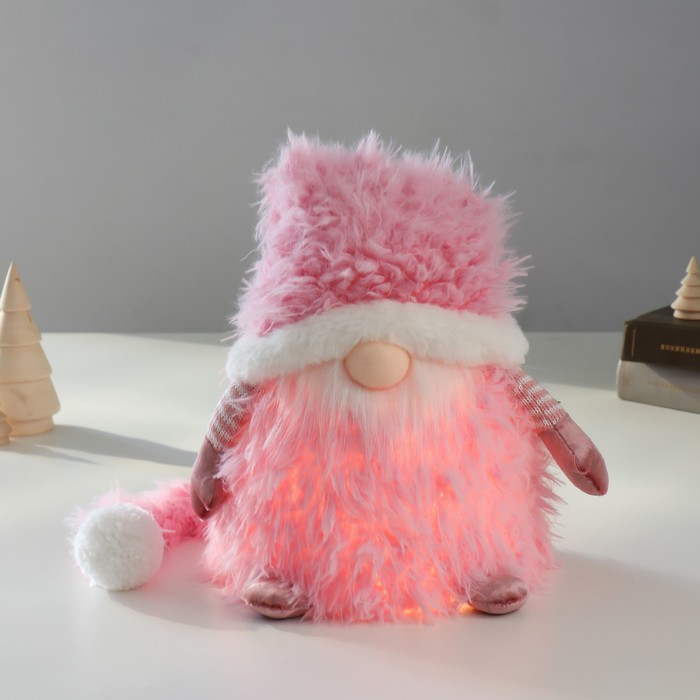 Кукла интерьерная свет Дед Мороз в розовой шубке и длинном колпаке 20х20х25 см