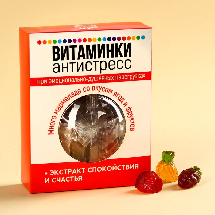 

Мармелад «Витаминки антистресс», вкус: ананас, клубника, виноград, 100 г.