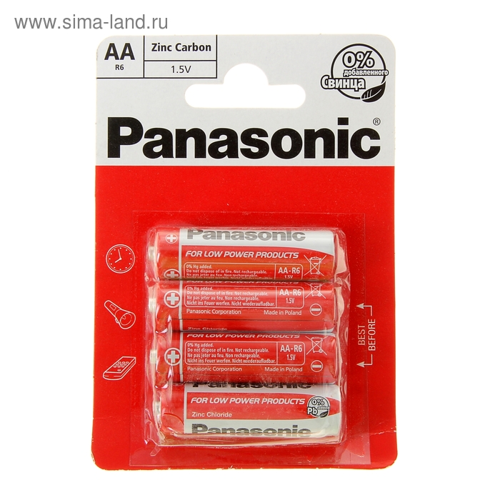 Батарейка солевая Panasonic Zinc Carbon, AA, R6-4BL, 1.5В, блистер, 4 шт, батарейки panasonic r03 zinc carbon bl4 4шт