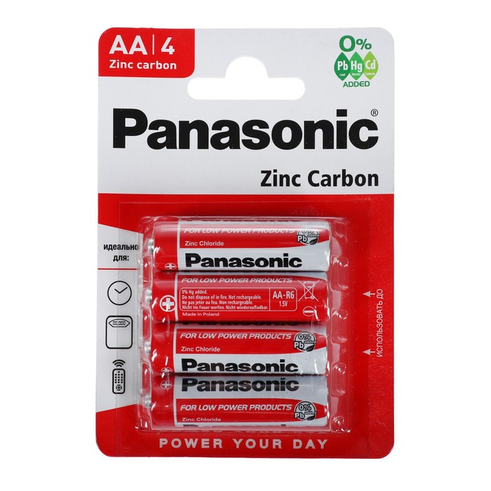 Батарейка солевая Panasonic Zinc Carbon, AA, R6-4BL, 1.5В, блистер, 4 шт,