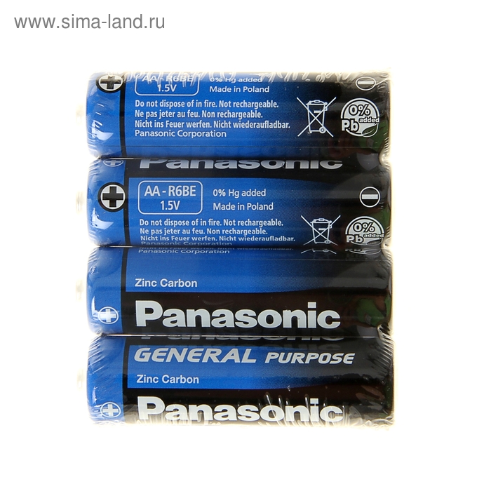 Батарейка солевая Panasonic General Purpose, AA, R6-4S, 1.5В, спайка, 4 шт. батарейка солевая panasonic general purpose aa r6 4s 1 5в спайка 4 шт