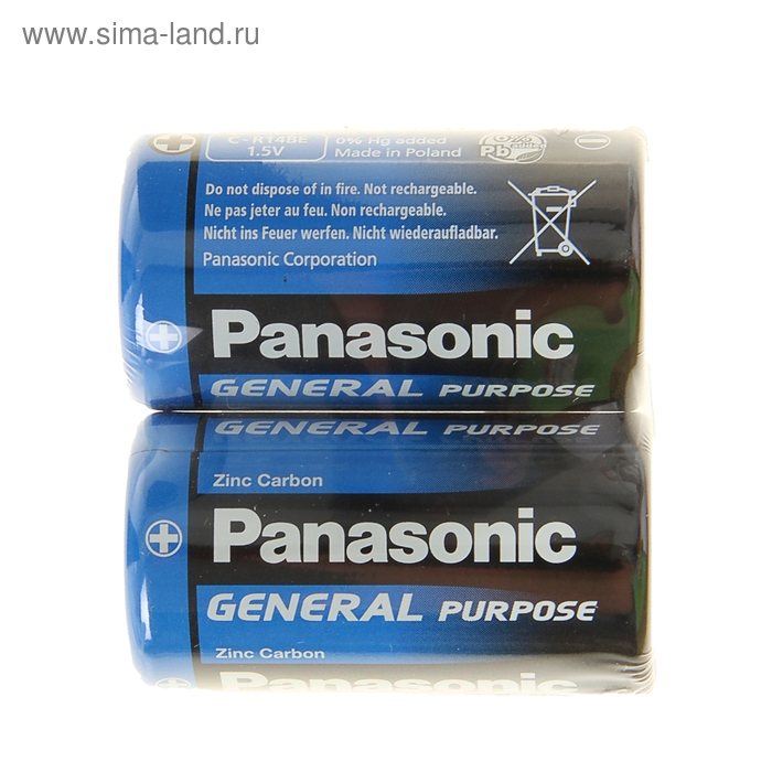 Батарейка солевая Panasonic General Purpose, C, R14-2S, 1.5В, спайка, 2 шт. panasonic батарейка солевая panasonic general purpose c r14 2s 1 5в спайка 2 шт