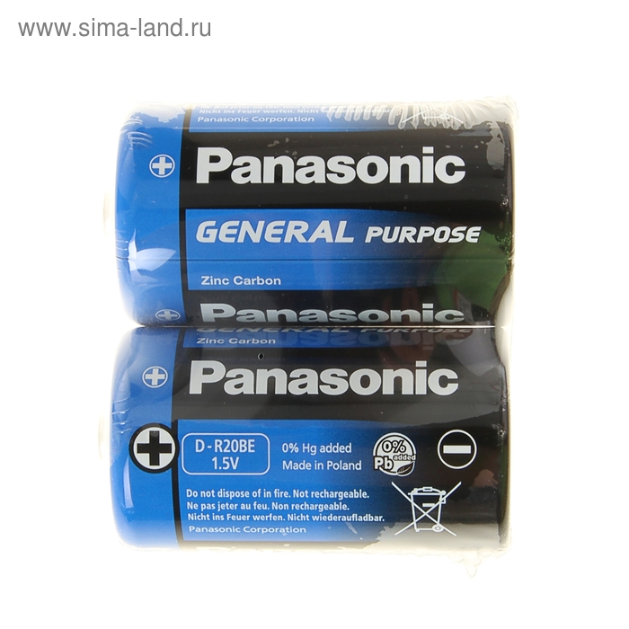 Батарейка солевая Panasonic General Purpose, D, R20-2S, 1.5В, спайка, 2 шт. panasonic батарейка солевая panasonic general purpose c r14 2s 1 5в спайка 2 шт