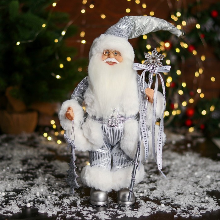 Дед Мороз С ёлочкой и с посохом с бантиком 33 см, серебро сувенир winter wings дед мороз с посохом 13 см n161389