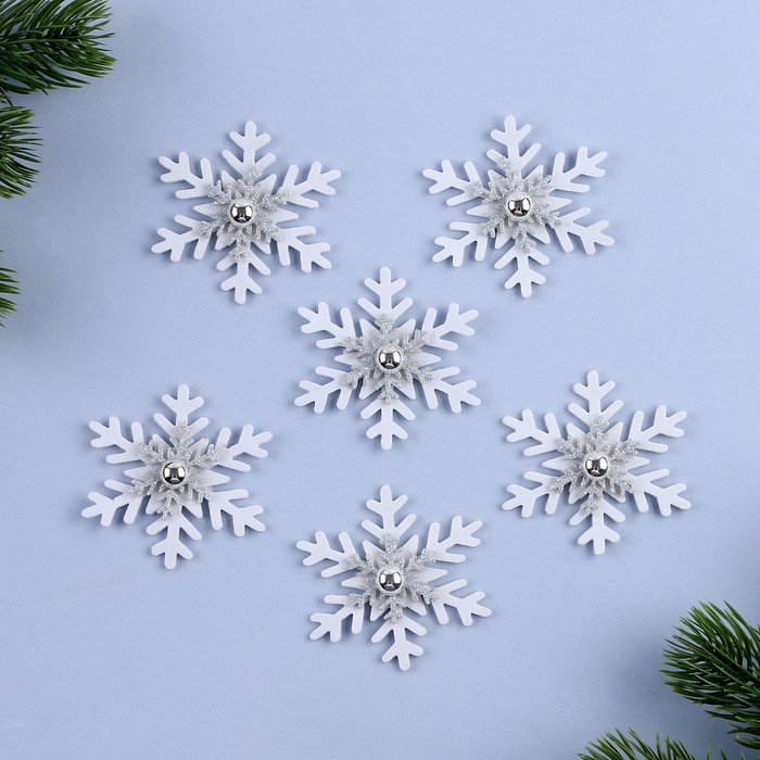 Новогодний декор «Снежинка», цвет белый с серебром, набор 6 шт. браслет новогодний колокольчик цвет красный с серебром