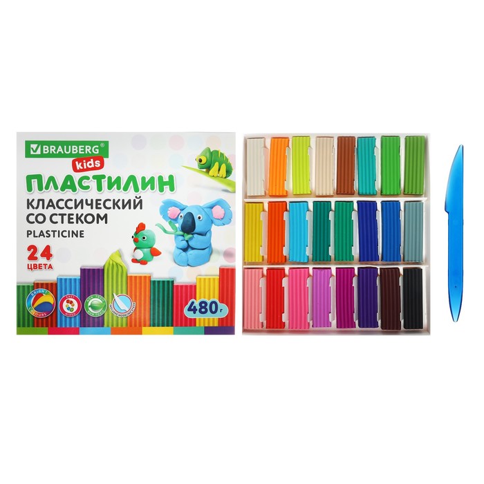 Пластилин 24цв 480г BRAUBERG KIDS, со стеком.ВЫСШЕЕ КАЧЕСТВО