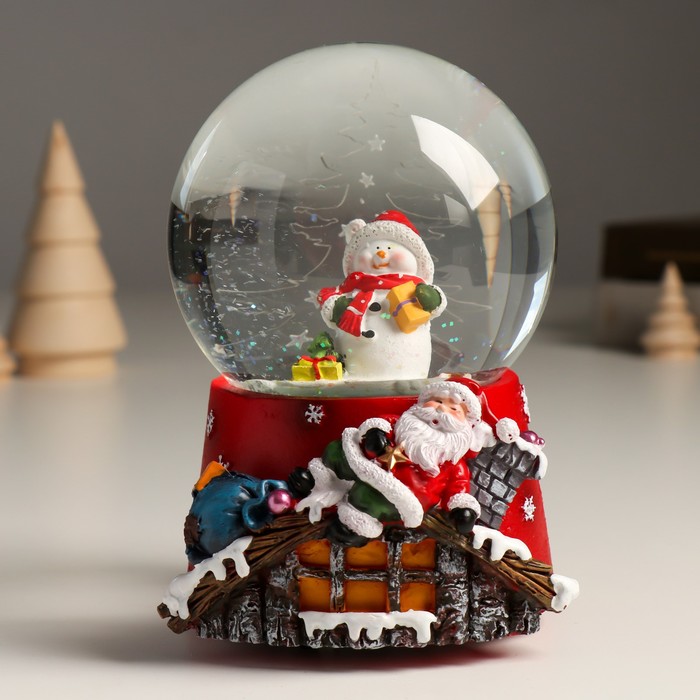 Сувенир полистоун водяной шар музыка механ. Снеговик и спящий Дед Мороз 11,5х11,5х14 см