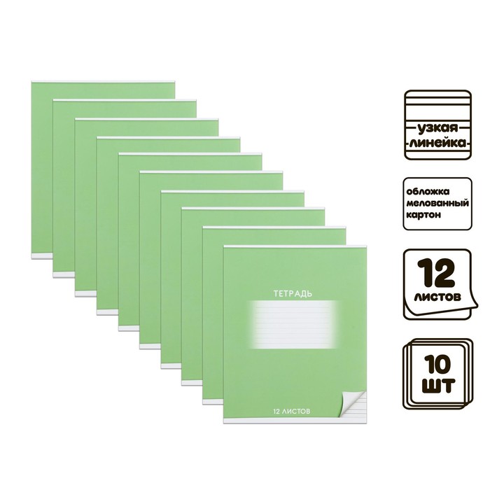 Комплект тетрадей из 10 штук, 12 листов в узкую линию Calligrata Школьная. Зелёная, обложка мелованный картон, ВД-лак, блок офсет