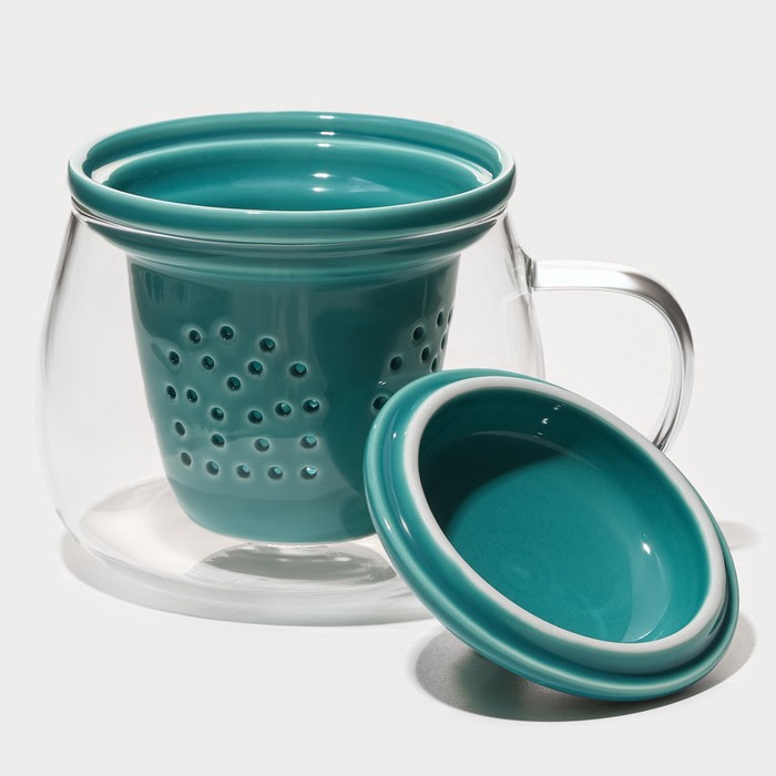 

Кружка стеклянная для заваривания с керамическим ситом «Нежность», 300 мл, цвет бирюзовый