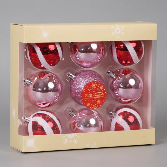 фото Набор шаров пластик d-6 см, 9 шт "адель" полосы, бело-красный розовый зимнее волшебство