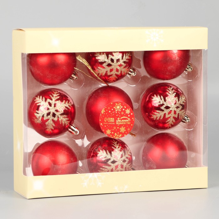 фото Набор шаров пластик d-6 см, 9 шт "адель" снежинки, красный зимнее волшебство