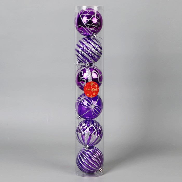 фото Набор шаров пластик d-8 см, 6 шт "агнет" узоры, серебристо-фиолетовый зимнее волшебство